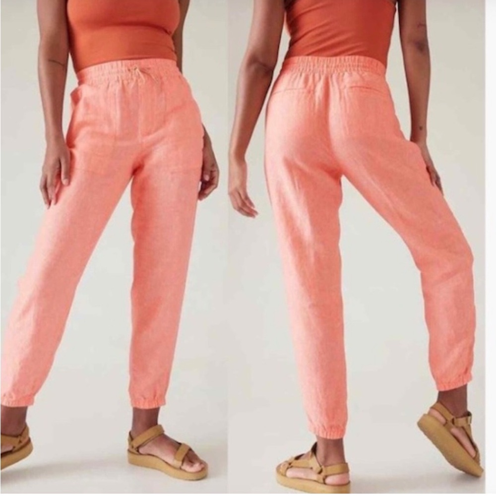 Athleta Retreat Linen Jogger Pants Sunset Glow Orange Size 4 Pockets Like New